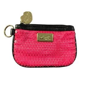 Betsy Johnson pink sequin coin purse with black trim and gold hardware